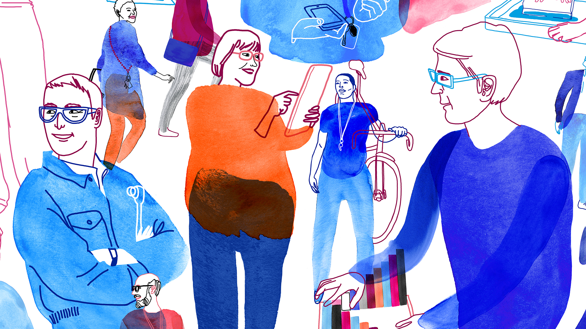 OAJ:n piirretty kuvituskuva iloisista opetusalan henkilöistä